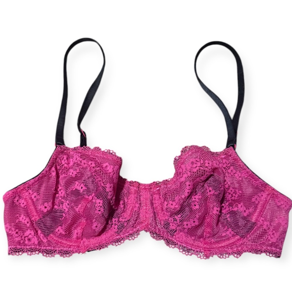 Jezebel Hot Pink Lace Underwire Bra Semi Sheer Sexy Bra, Size 32B, NWOT